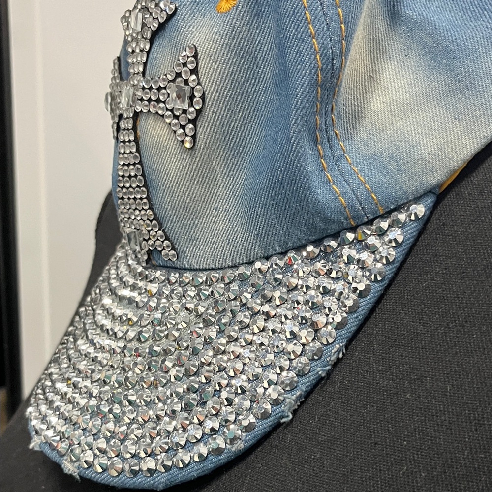 Rhinestone Cross Denim Cap Bling out adjustable - Picture 5 of 10
